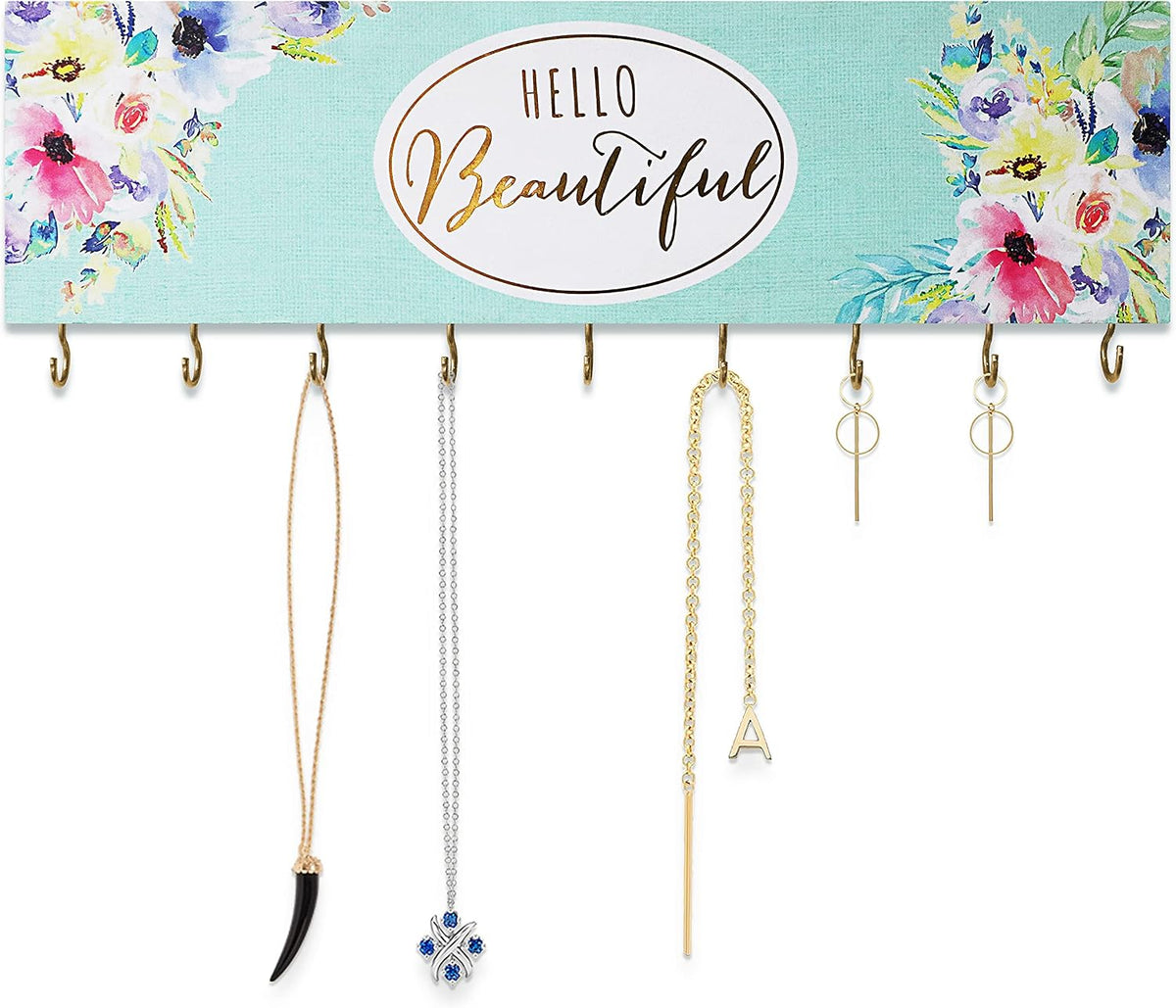 SANY DAYO HOME Wall Mount Necklace Holder Organizer with 9 Jewelry Hooks for Ring, Hair Bow, Headband, Purse - Wall Decor for Girls Room - Hello Beautiful