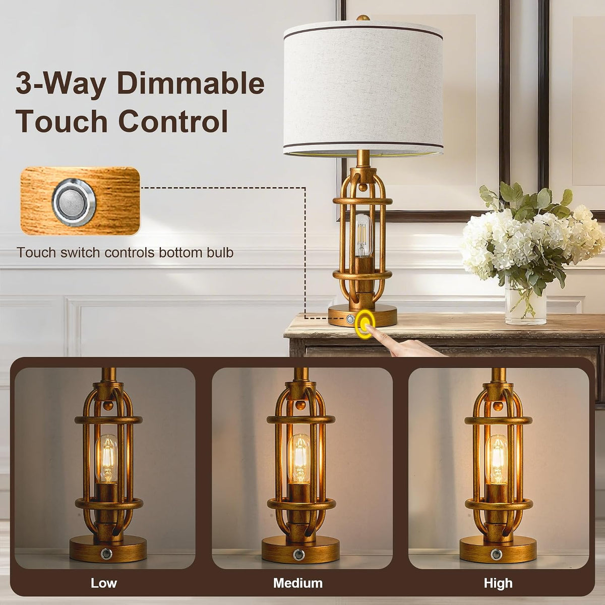 G-SAFAVA 23.75'' Table Lamps Set of 2 for Living Room Bedroom Industrial Farmhouse Metal Touch Lamps with USB A+C Ports, Night Light Vintage Nightstand Bedside Lamp, Bulbs Included, Antique Gold