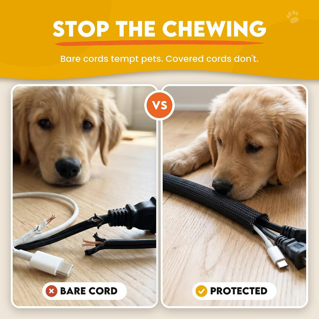Paws & Wires Cord Protectors from Pets No Chew, 10 ft x 1/2 in Black Braided Cord Cover for Cats & Dogs