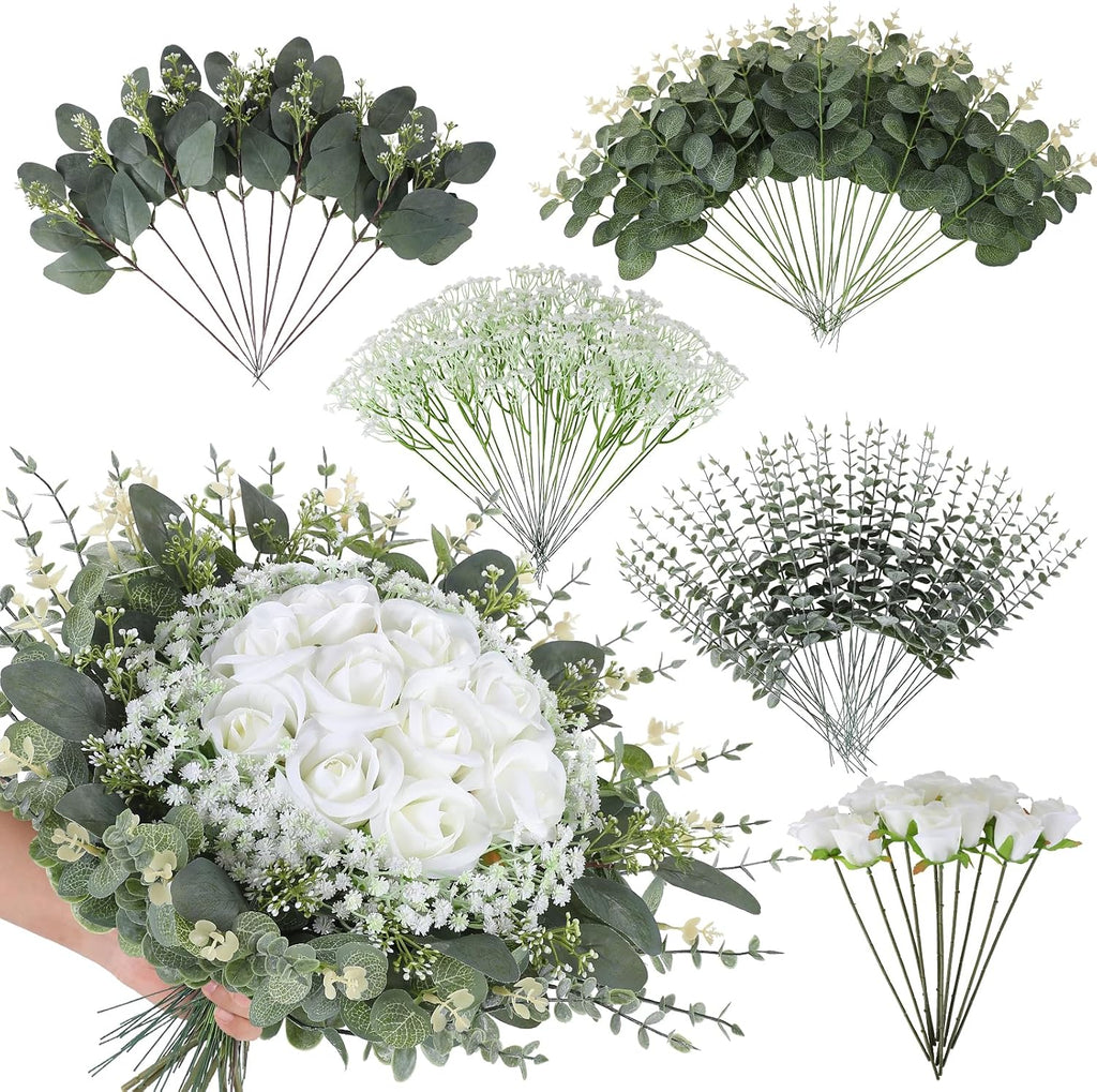 120 Pcs 4 Kinds Mixed Artificial Eucalyptus Greenery Stems Flowers Bulk