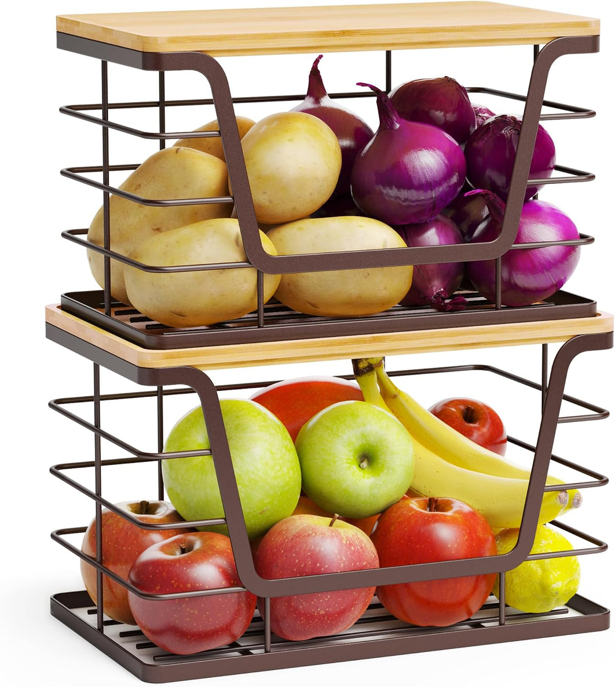 ALOCEO 2 Pack Stackable Wire Storage Basket with Bamboo Lid, Trash Bag Dispenser Under Sink for 4-13 Gal Bags, Kitchen Storage Bins for Potato and Onion, Brown