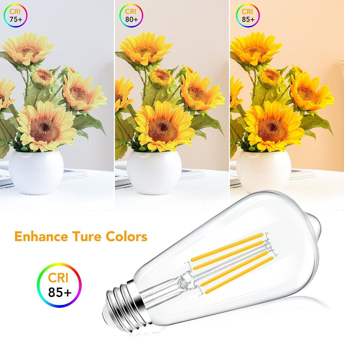 PARTPHONER ST58 E26 LED Light Bulbs, 6W Dimmable Amber Warm 2200K 4 Pack