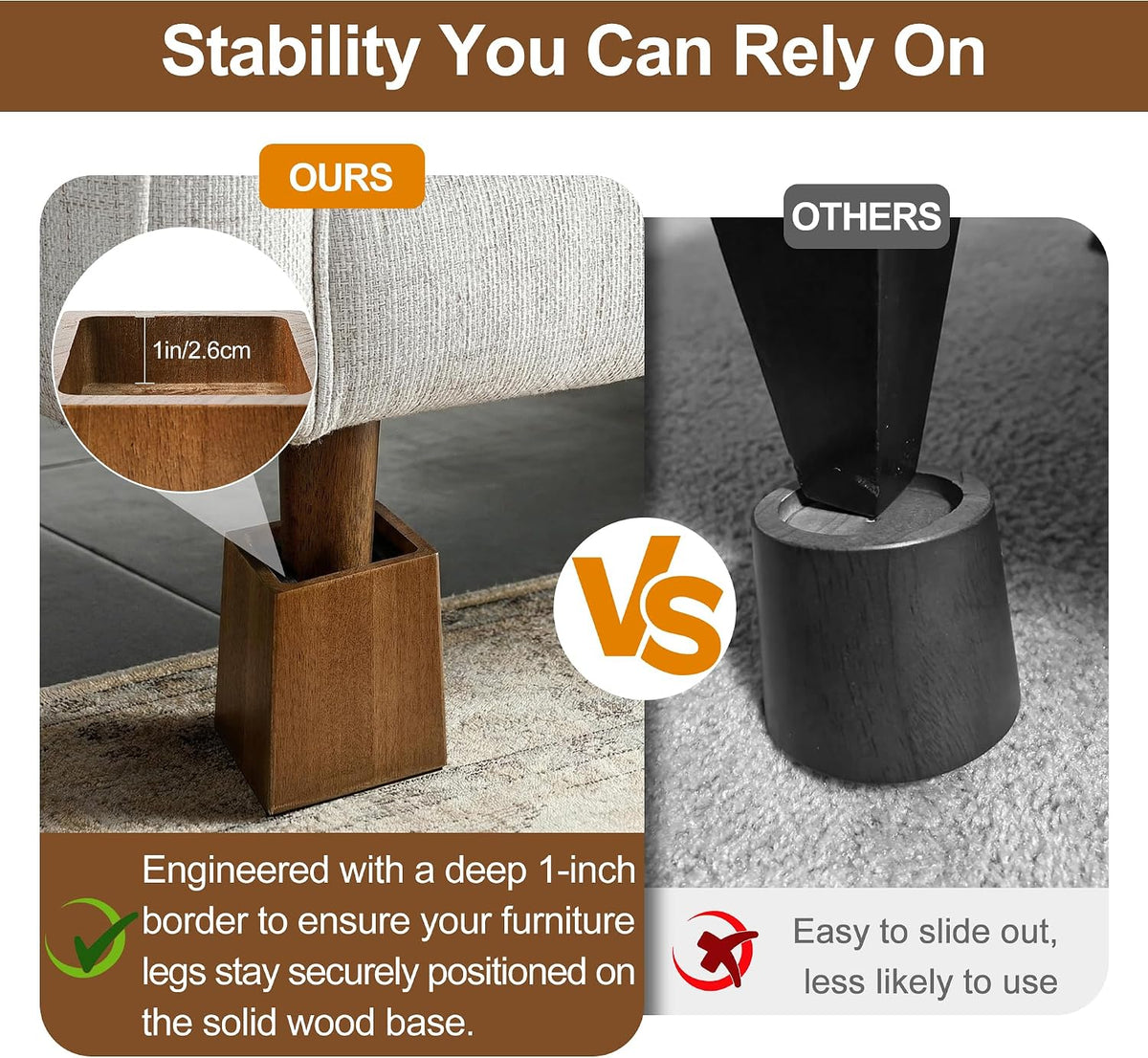 Wooden Bed Risers 5 Inch Heavy Duty, Support 2500 lbs, Brown