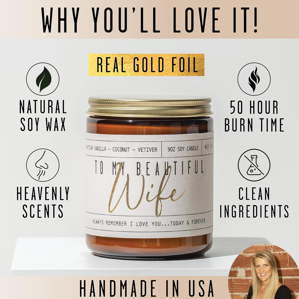 Gift for Anniversary for Women, Valentines Day Gift for Her, Wedding Anniversary for Wife -to My Beautiful Wife Candle, w/Vanilla, Coconut & Vetiver I Valentines I 9oz, 50Hr Burn, USA Made