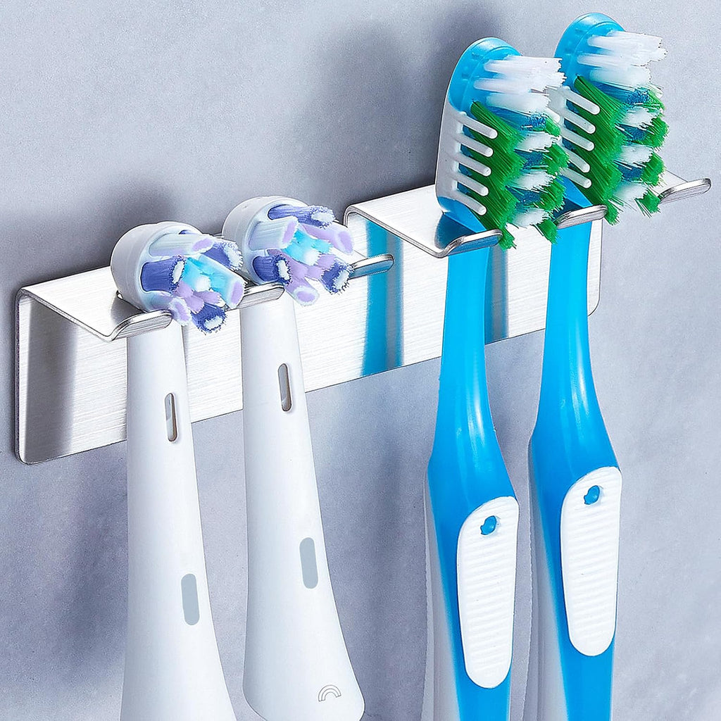 Toothbrush Holder, Electric Toothbrush Head Holder Wall Mounted Non Screw, Metal Toothbrush Holders for Bathroom, Self Adhesive Tooth Brush Holder Toothbrush Organiser (Silver, Medium)