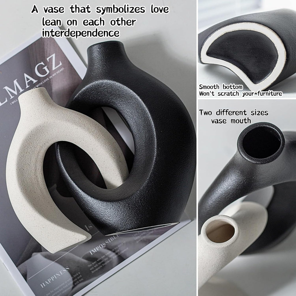 Liotww Black and Off-White Snuggle Hollow Ceramic Vase of 2 for Home Decor
