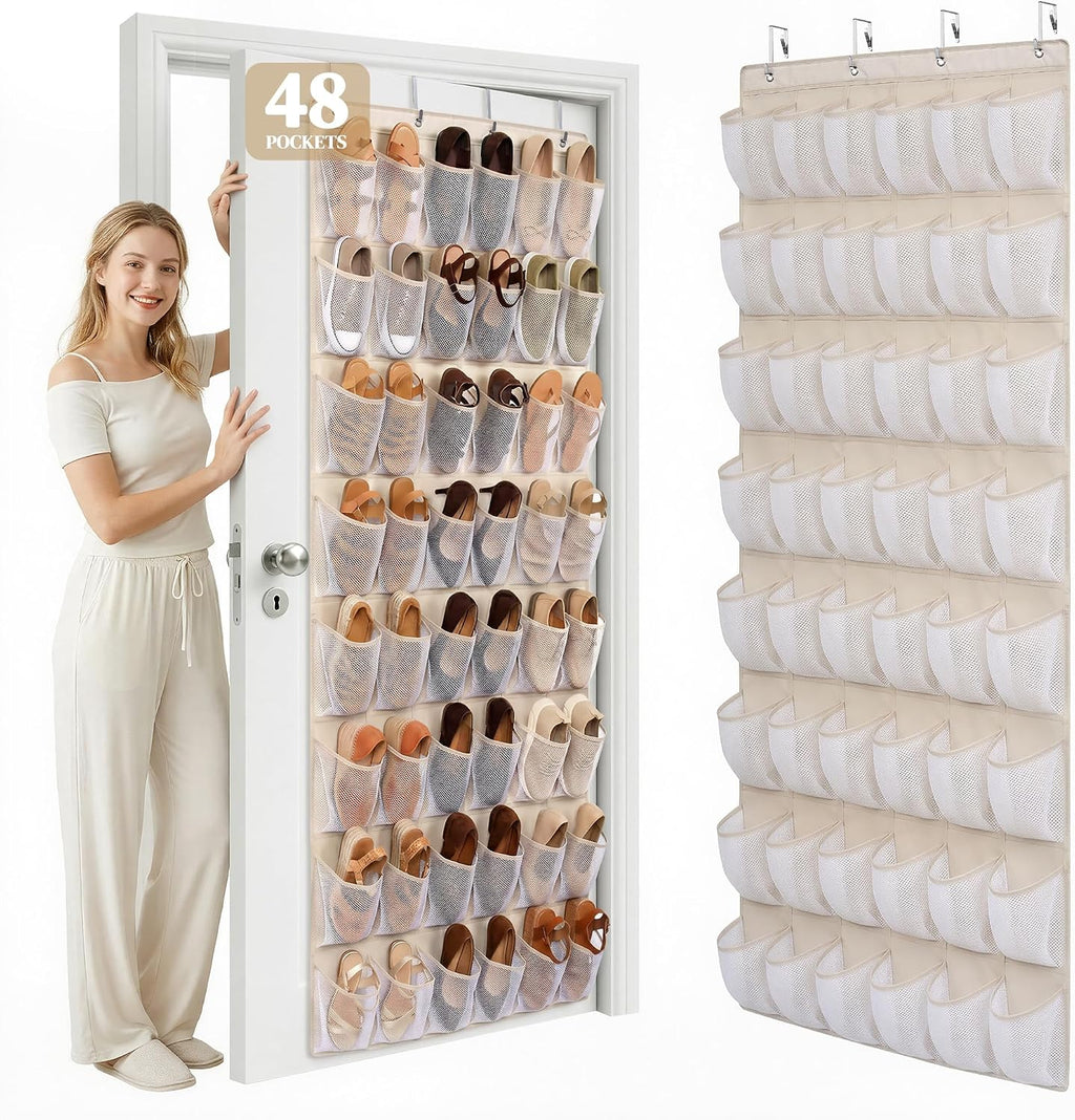48 Pockets Over the Door Shoe Organizer, Fits Women's Shoes Up to US Size 9, 6-Column Heavy Duty Shoe Storage for Sneakers & Heels, Mesh Hanging Rack for Entryway, Bedroom & Dorm, Beige