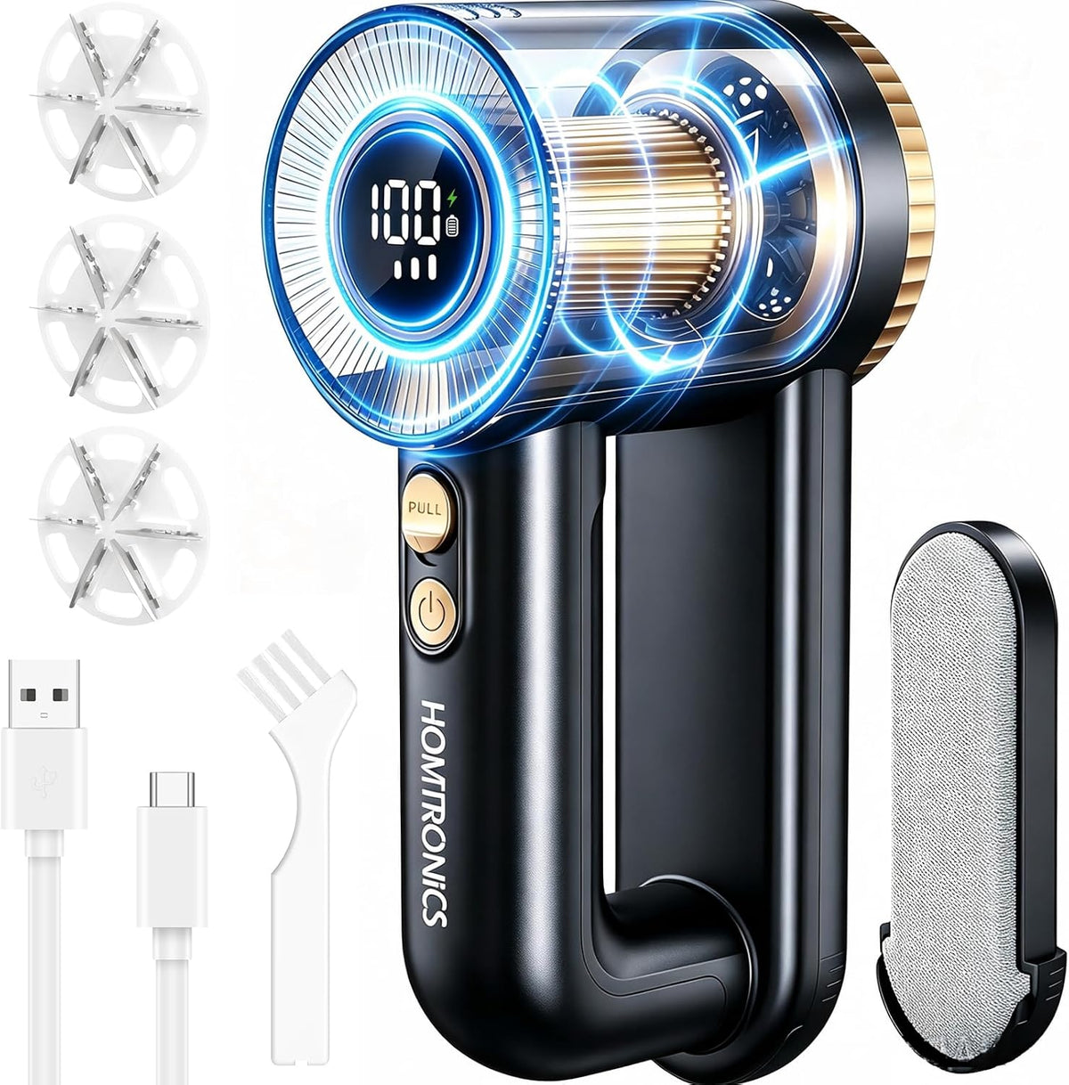 2-in-1 Rechargeable Fabric Shaver, 3 Extra Blades, 3-Speed Lint Remover Sweater Shaver with Digital LED Display, Sweater Shavers to Remove Pilling, Lint Shaver for Clothing & Furniture-Gold