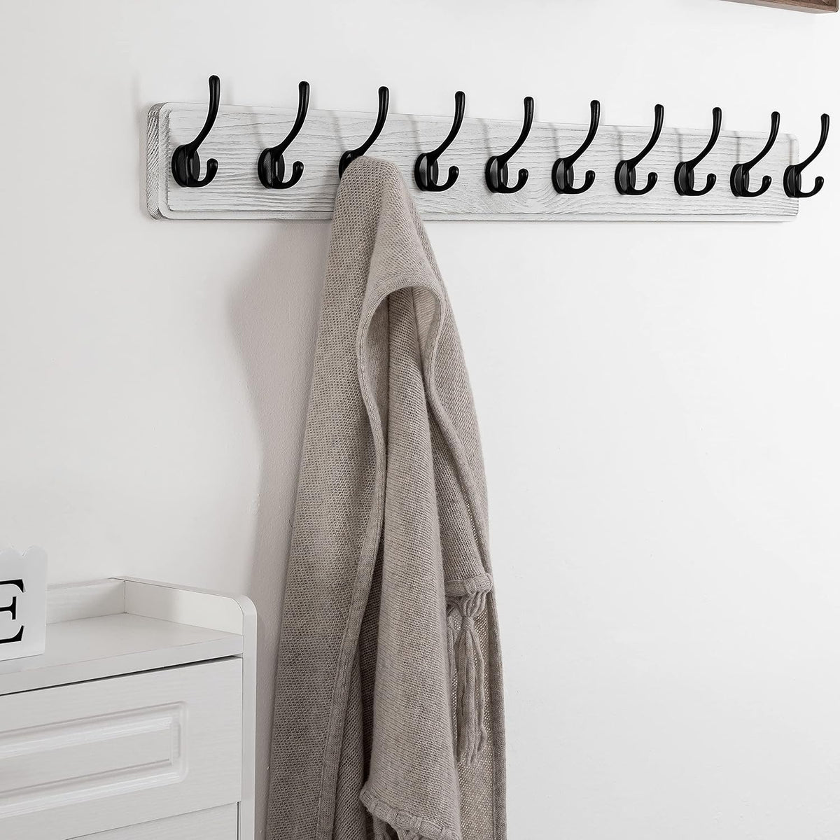 SKOLOO Rustic Wall Mounted Coat Rack, 10 Hooks, 38", Solid Wood, White