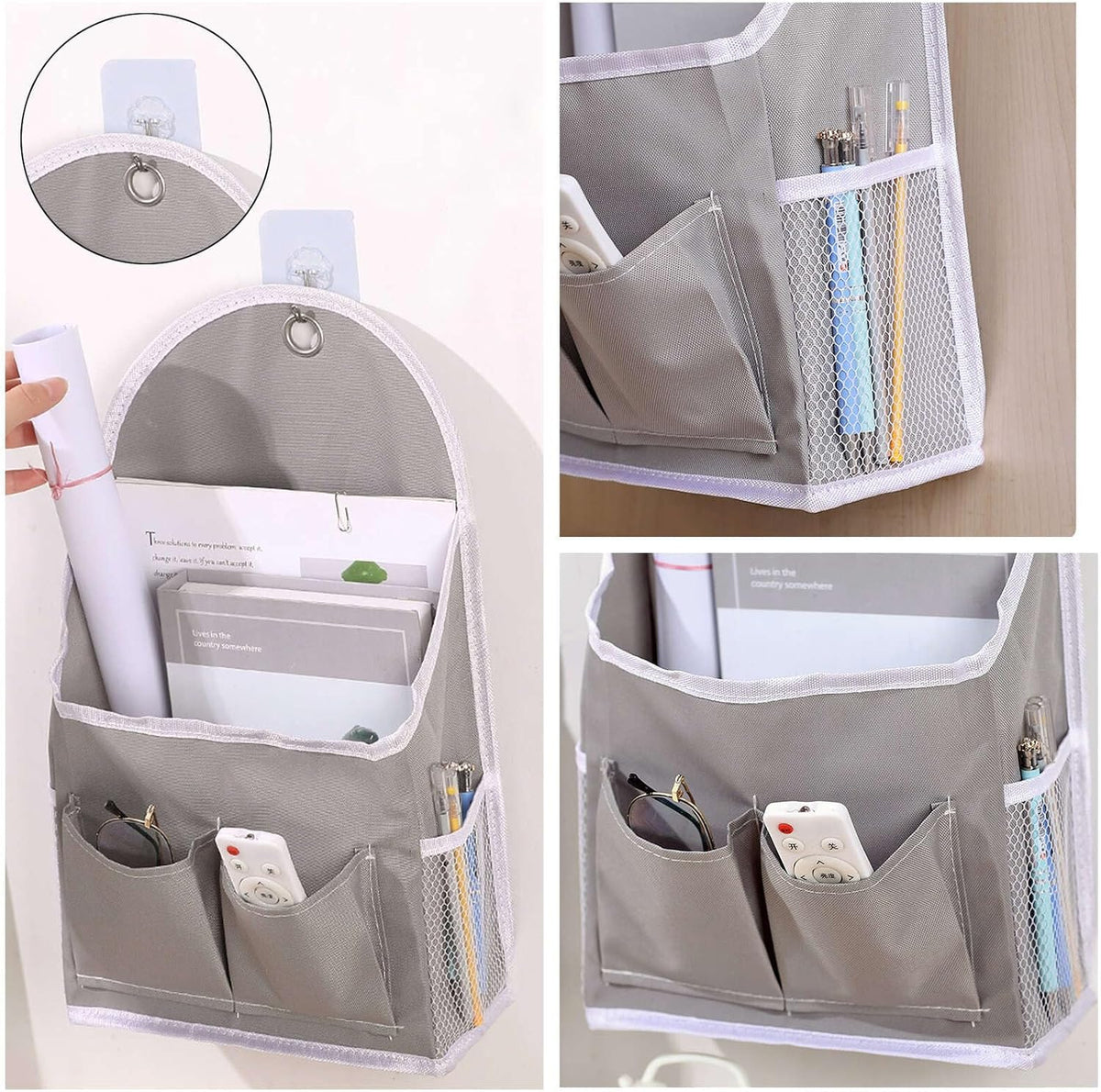2 Pack Wall Hanging Storage Bag with Pockets, Locker Organizer Basket with Sticky Hook, Fabric Wall Organizer, Waterproof Hanging Bag for Closet Door Bedroom Bathroom Office Home Kitchen(Grey)