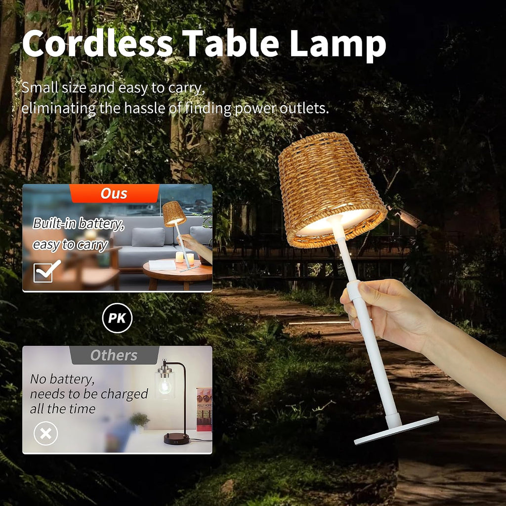 Mr.White Outdoor Waterproof Rechargeable Cordless Table Lamp with Wicker Shade, 5200mAh Battery Operated Table Light with Telescopic Pole, for Patio Restaurant Kitchen (White)