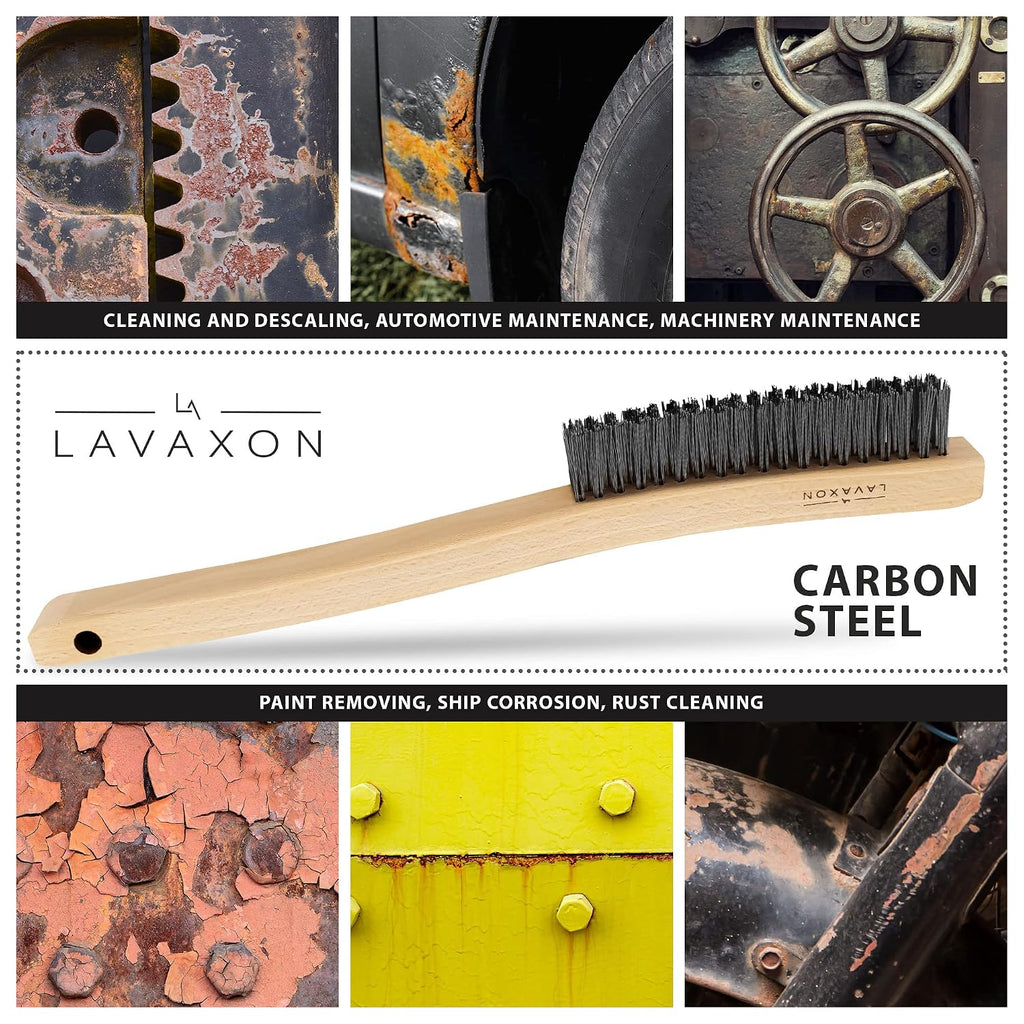 Lavaxon Wire Brush Set-Heavy Duty Stainless & Carbon Steel Bristles with Wood Handle Grip for Rust, Wielding Slag, Dirt & Paint Scrubbing with Deep Cleaning – 14 Inches (Pack of 2)