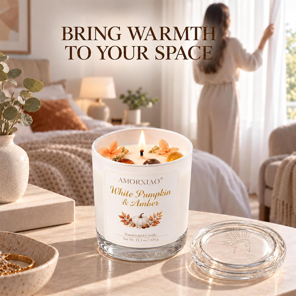 Pumpkin & Amber Scented Candle, 11.3 Oz Soy Wax Fall Candle Gift for Women