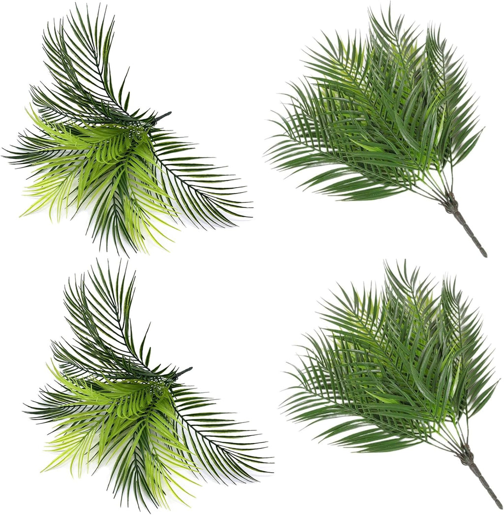 Artificial Plants Fake Palm Tree Plastic Shrubs 4 Pack, Fake Greenery Bushes UV Resistant Shrub Tropical Leaves Stems for Indoor Home Decor Kitchen Room Outdoor Garden Wedding Christmas DIY Decoration