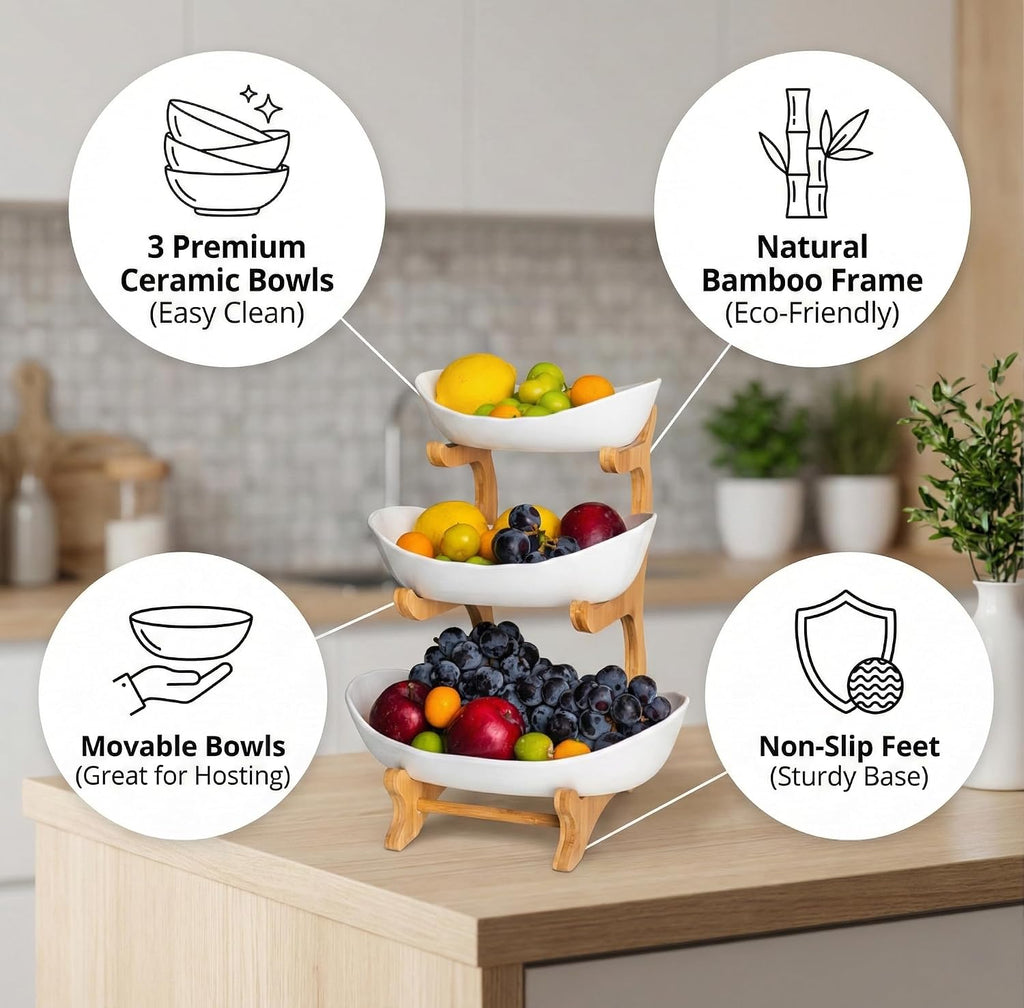 Bamboo Fruit Stand - 3 Tier Ceramic Fruit Bowls with Wooden Stand – Fruit Holder for Kitchen, Dining Table & Living Room – Decorative Countertop Organizer for Fruits, Vegetables & Snacks