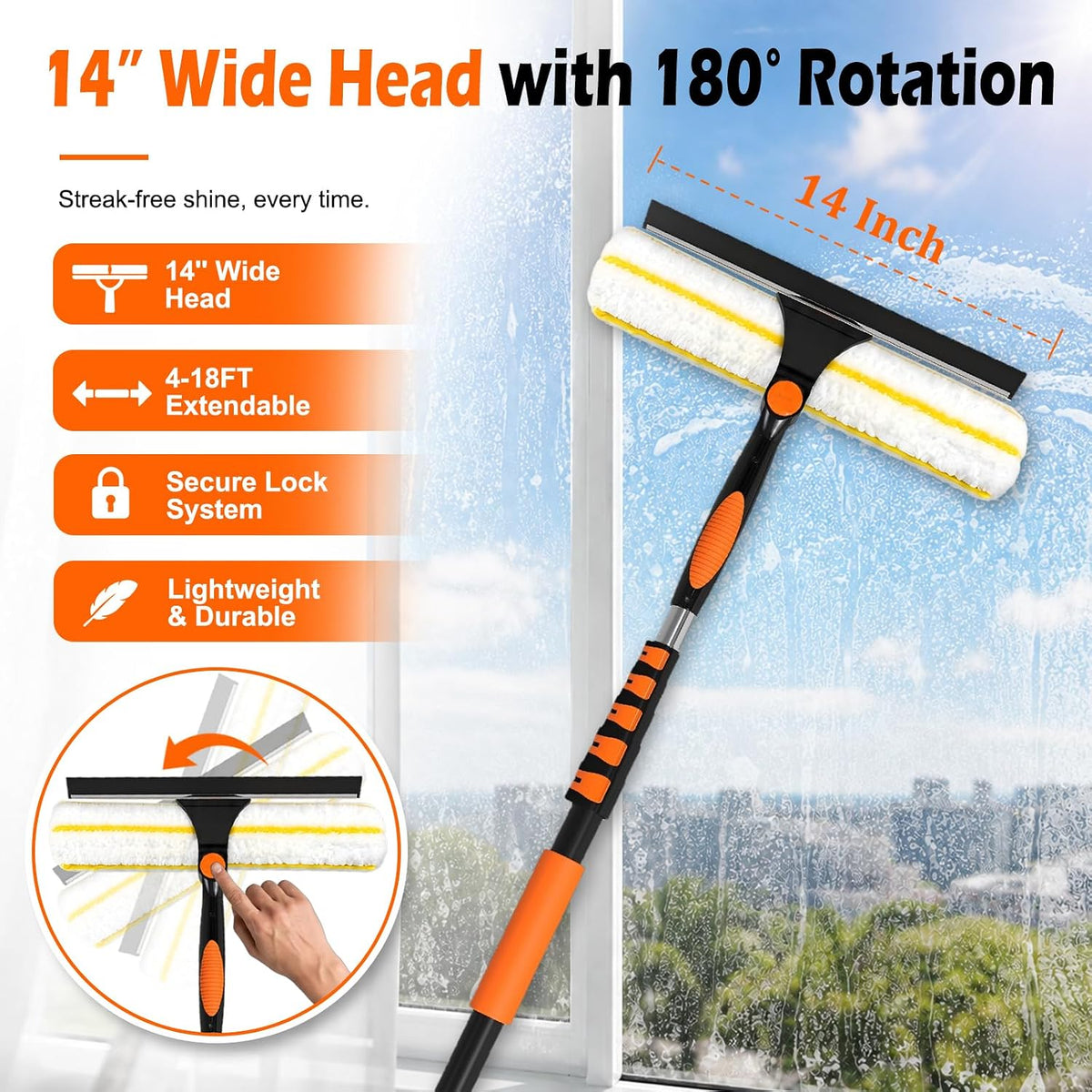 2-in-1 Window Squeegee, 18FT Window Cleaner Tool with 14" Head