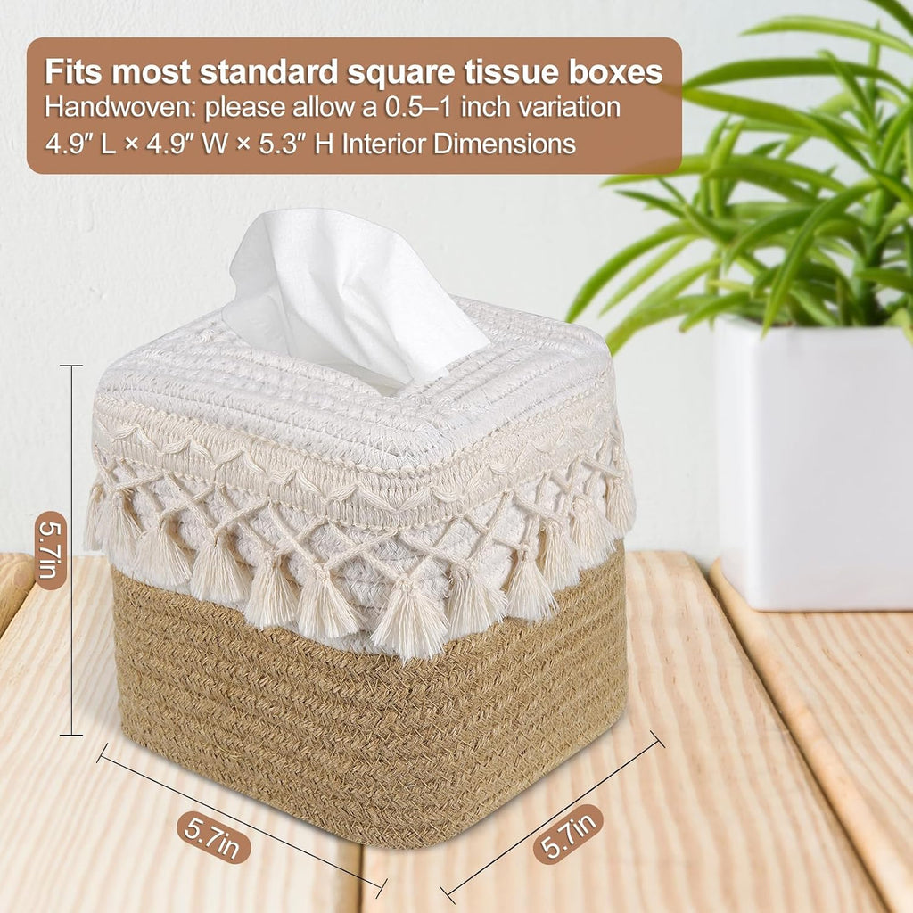 Boho Tissue Box Cover: Natural Handwoven Square Cover for Bathroom