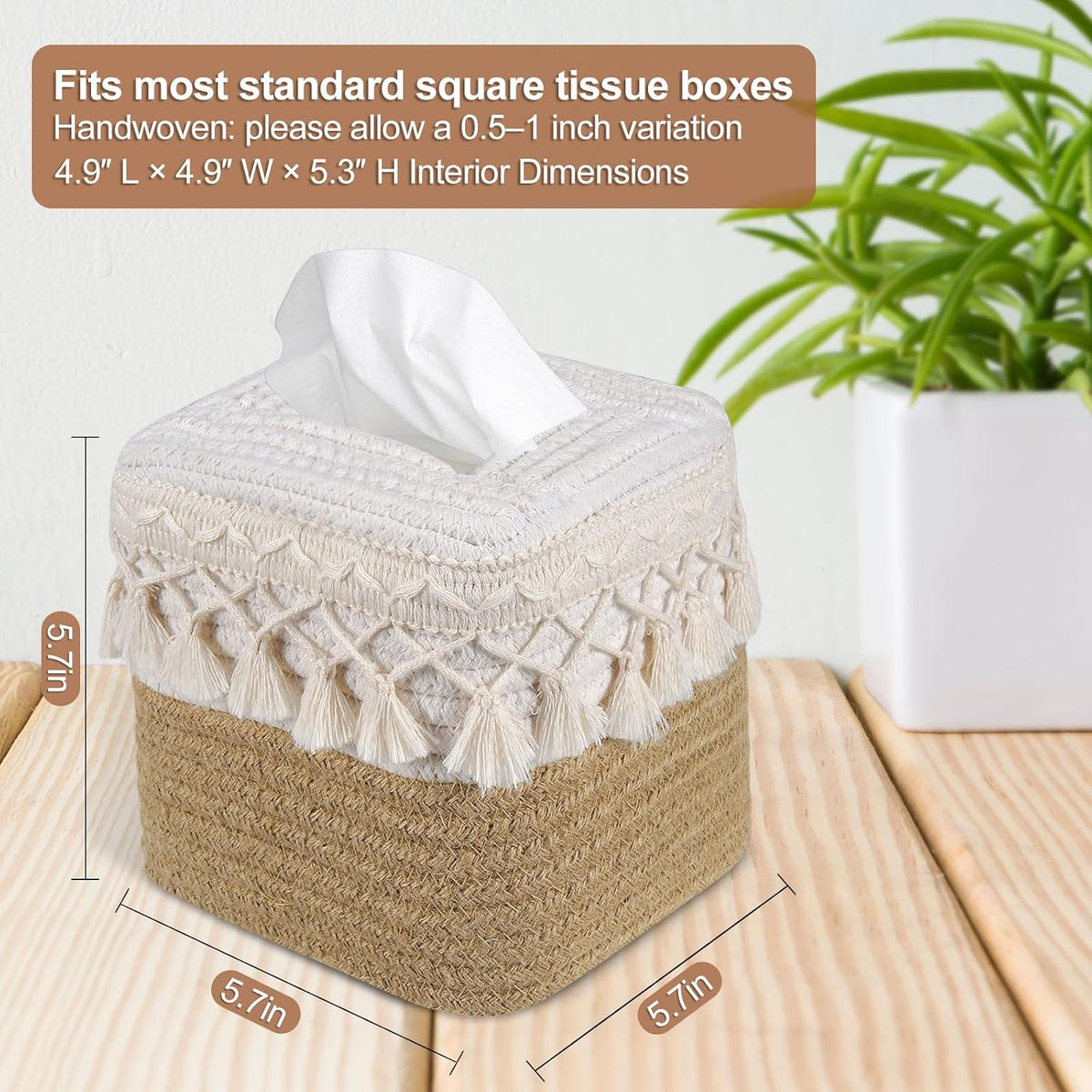Boho Tissue Box Cover: Natural Handwoven Square Cover for Bathroom