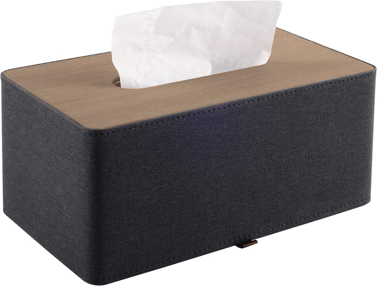 High-end Pu Leather Tissue Box Holder Two Color Combination-Linen and Wood Grain,Rounded Rectangle Napkin Paper Case Dispenser for Home Bathroom Dresser Offices Car Tissue Cover (Black)