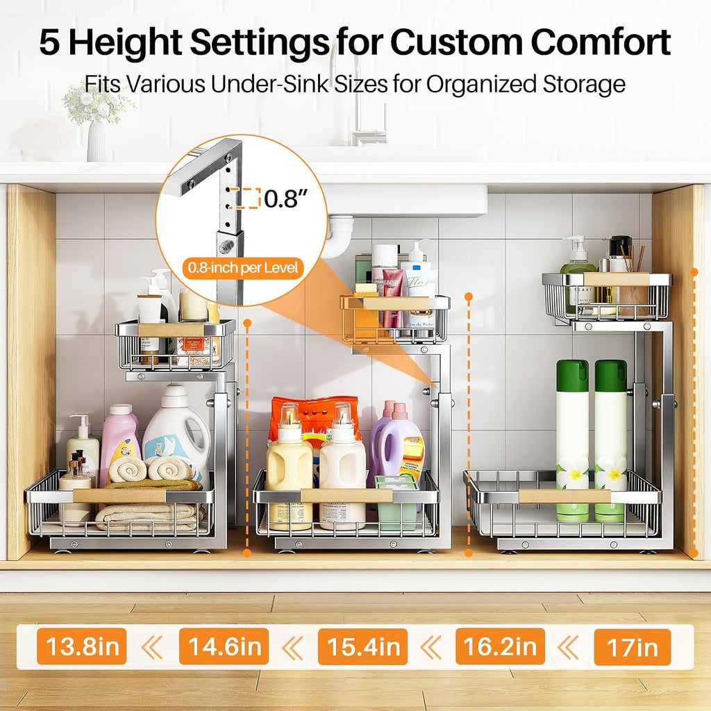 PXRACK Under Sink Organizer, Adjustable Height, 2 Tier Pull Out Cabinet Organizer, Slide Out Thickened Metal Storage for Kitchen Bathroom Laundry Pantry Cabinet, Stainless Steel, Silver, Large-2-Pack
