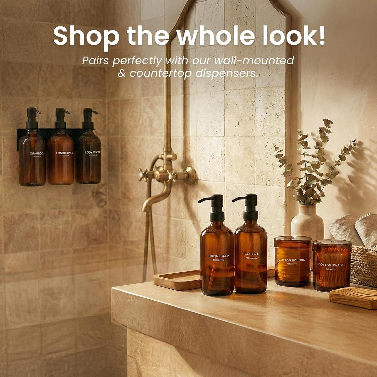 MaisoNovo Glass Bathroom Containers with Lids (Airtight) - Qtip Holder - Apothecary Jars for Cotton Rounds, Swabs, Balls, Pads - Amber Q Tip Dispenser - 2 pcs Bathroom Canisters Set for Organization