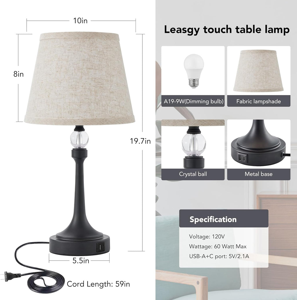Touch Table Lamp with USB C+A Ports-Black 19.7'' 1pcs