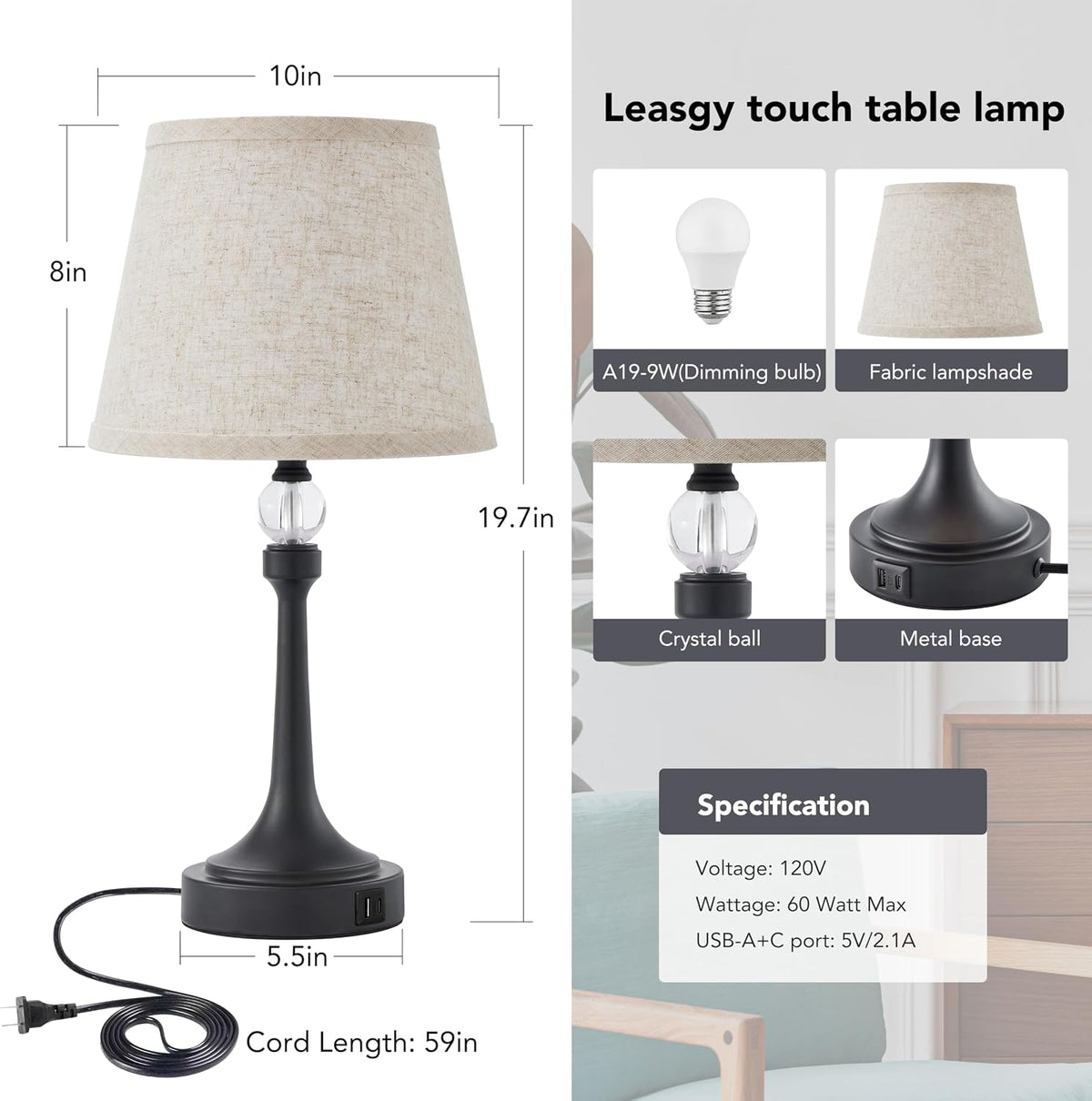 Touch Table Lamp with USB C+A Ports-Black 19.7'' 1pcs