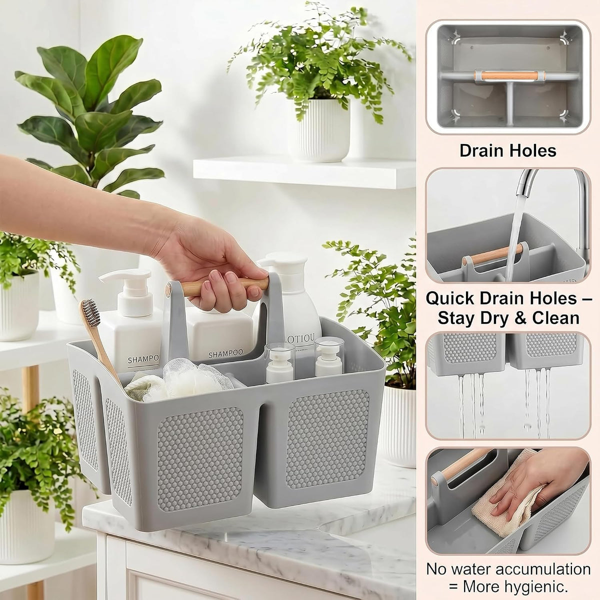 Haundry Plastic Light Gray Shower Caddy Basket with 3 Compartments, Portable Divided Bathroom Cleaning Caddy Organizer Storage Tote with Handle for Dorm, College, Room Essentials