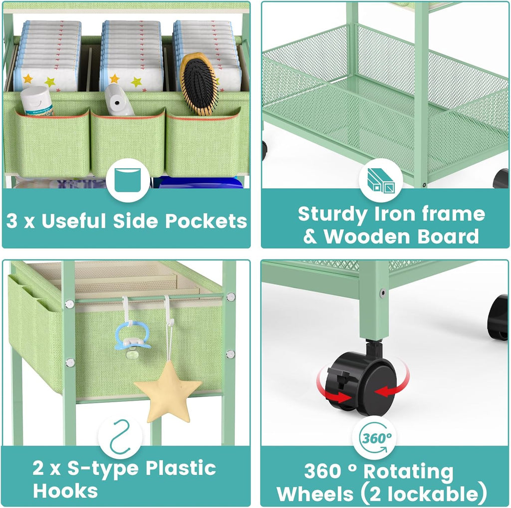 LIDTOP 2in1 Baby Diaper Caddy Organizer Cart, 3-Tier Rolling Cart, Metal Diaper Caddy Carts, Bedside Carts for Nursery Essentials Storage, Detachable Dividers, Large Capacity, Green