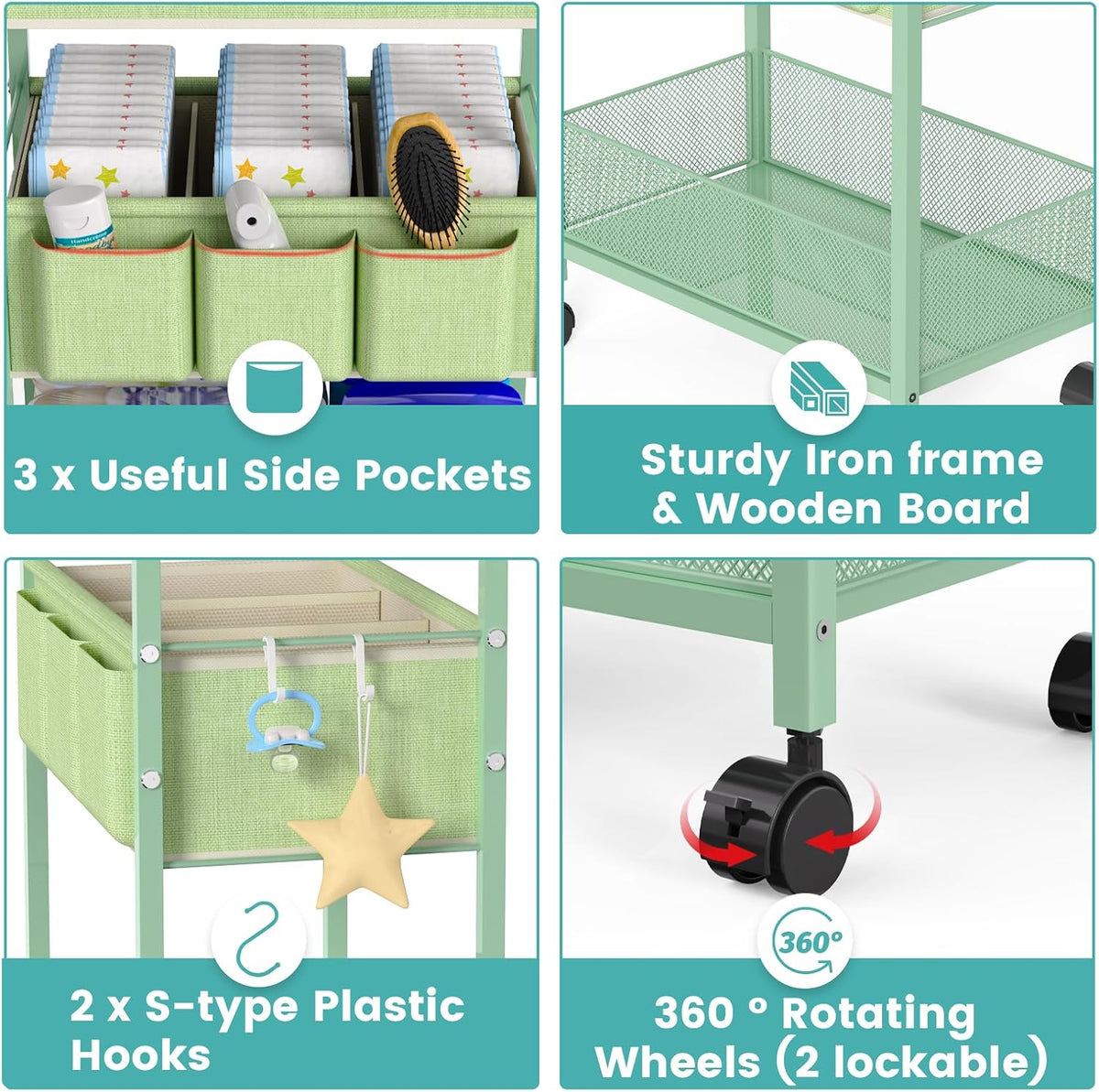 LIDTOP 2in1 Baby Diaper Caddy Organizer Cart, 3-Tier Rolling Cart, Metal Diaper Caddy Carts, Bedside Carts for Nursery Essentials Storage, Detachable Dividers, Large Capacity, Green
