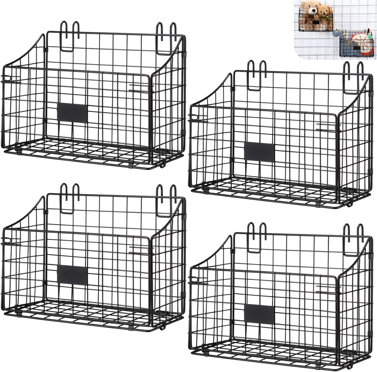 Blulu 4 Pcs Grid Wall Baskets, Wire with Hooks for Hanging, 11 x 8 x 6 Inch
