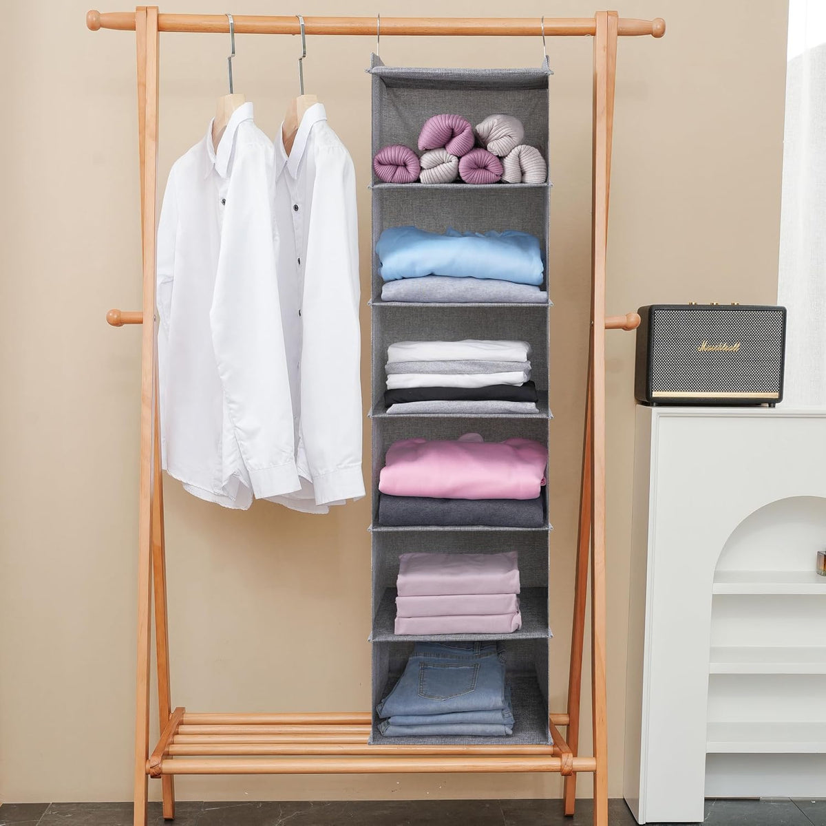 Large Hanging Sweater Organizer for Closet,Collapsible 6-Shelf Hanging Closet Shelves with Drawers, Washable (Grey-6 Shelf)