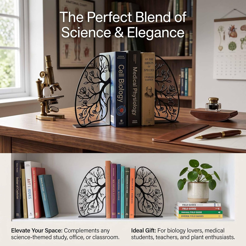Black Metal Lung Flower Design Bookends, Biology Classroom Decor