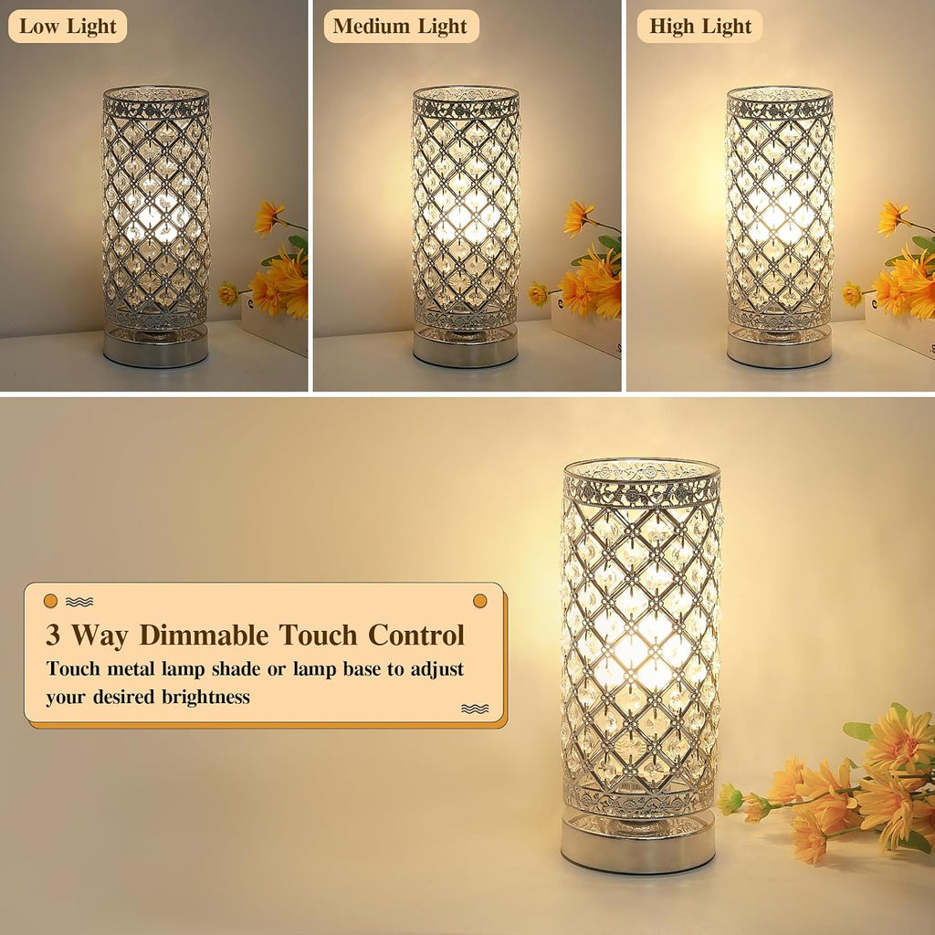 Crystal Table Lamp, 3 Way Touch Control Dimmable Bedside Nightstand Lamp
