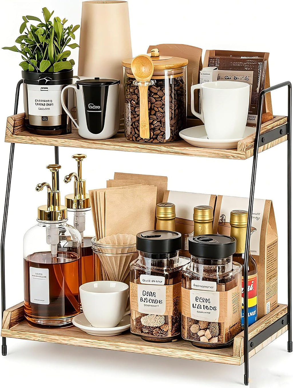 QUALLON Coffee Bar Accessories and Organizer, Coffee Station Organizer 2 Tier Bathroom Counter Organizer, Wood Coffee Tray, Bathroom Vanity Organizer, Countertop Shelf for Kitchen, Coffee Lover