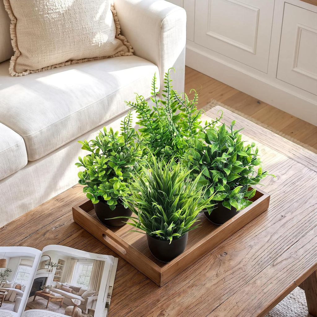4 Pack Small Fake Plants in Black Pots Fern Grass Mix