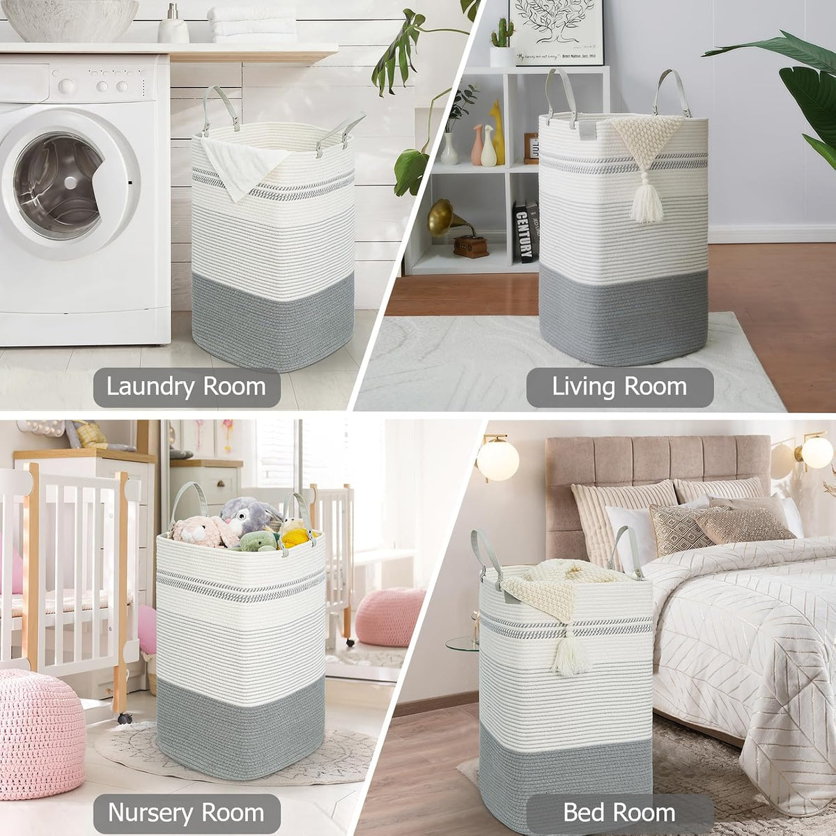 danpinera 100L Nursery Hamper, Tall Woven Laundry Basket with Long Leather Handles, Boho Laundry Hamper for Living Room & Bedroom, Eco-friendly & Convenient Decorative Storage Basket White & Gray
