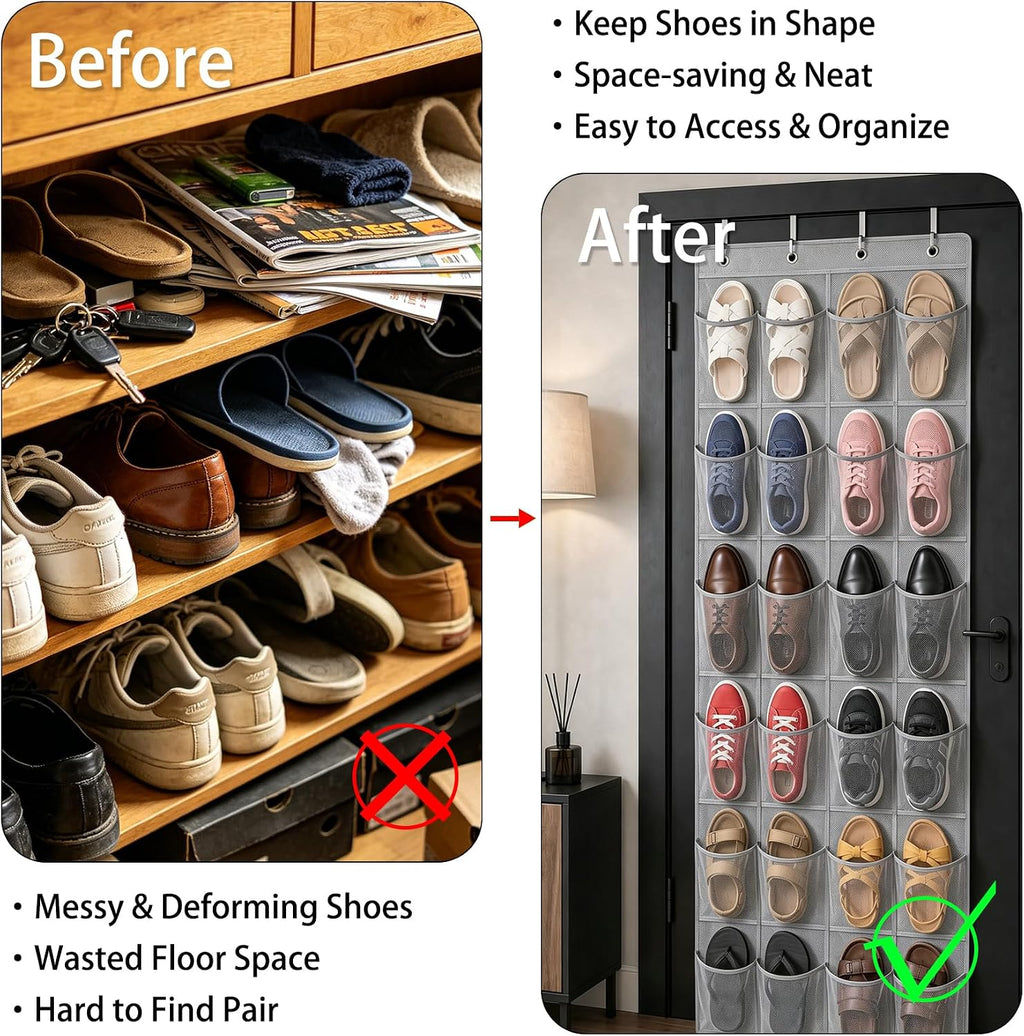 24 Pockets Over The Door Shoe Organizer, Large Breathable Mesh Hanging Shoe Rack with 4 Metal Hooks, Space Saving White Over Door Shoe Storage Holder Mesh Bag for Closet Entryway Bedroom Pantry