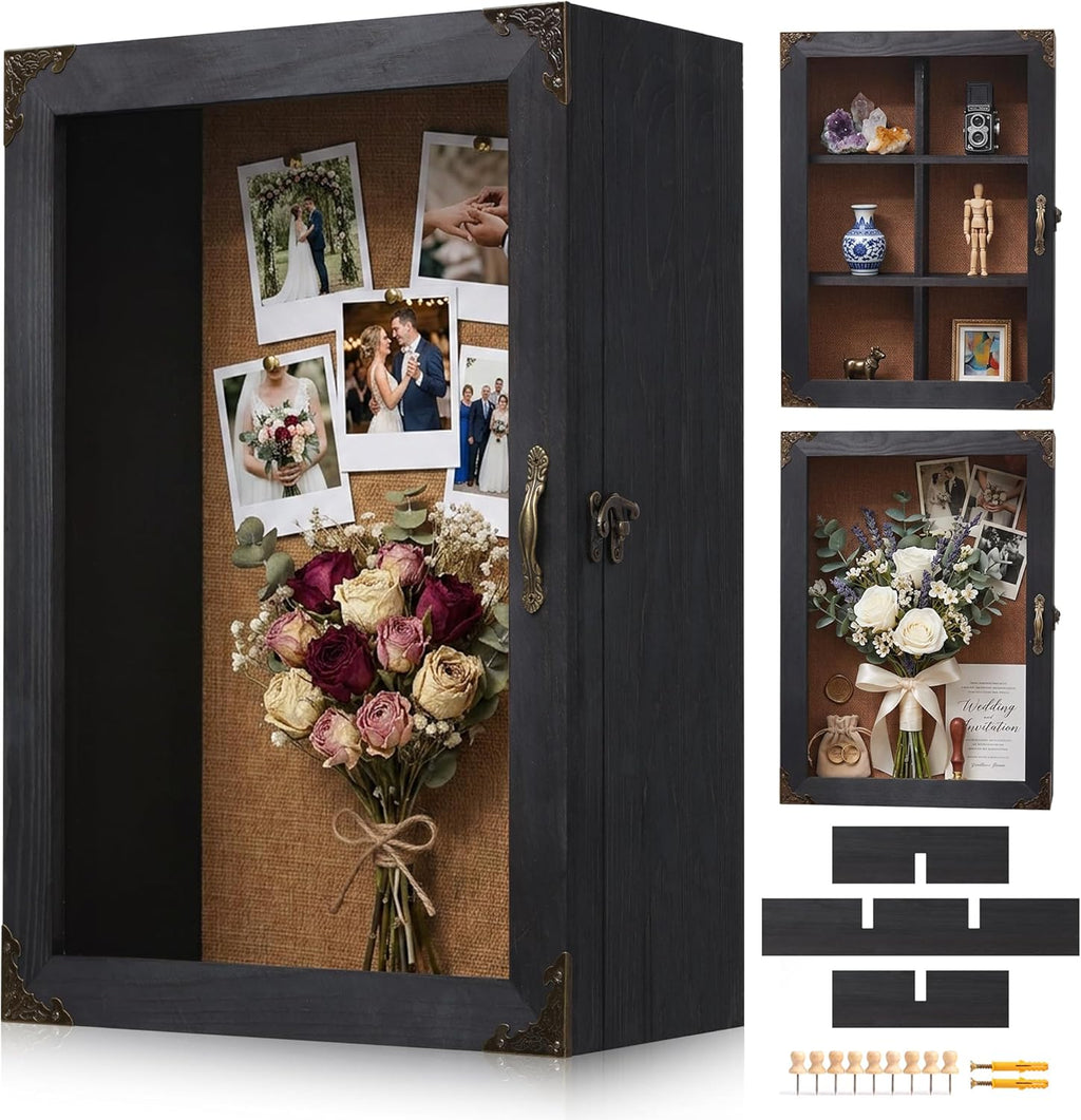 Shadow Box Frame 12x16 with Glass Door, 4.7" Overall Depth Black Solid Wood Display Case with Removable 6-Grid Shelves, Vintage Metal Corner Guards, Handle & Lock, Extra Deep Shadow Box for Medals