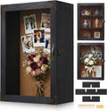 Shadow Box Frame 12x16 with Glass Door, 4.7" Overall Depth Black Solid Wood Display Case with Removable 6-Grid Shelves, Vintage Metal Corner Guards, Handle & Lock, Extra Deep Shadow Box for Medals