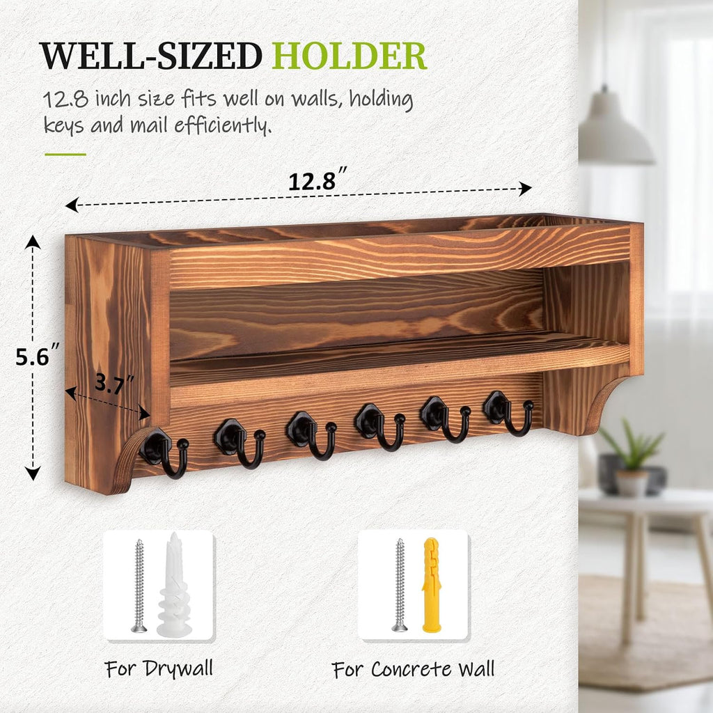 Nekon Key Holder Wall Mount, Pine Wooden Mail Organizer, Light Brown