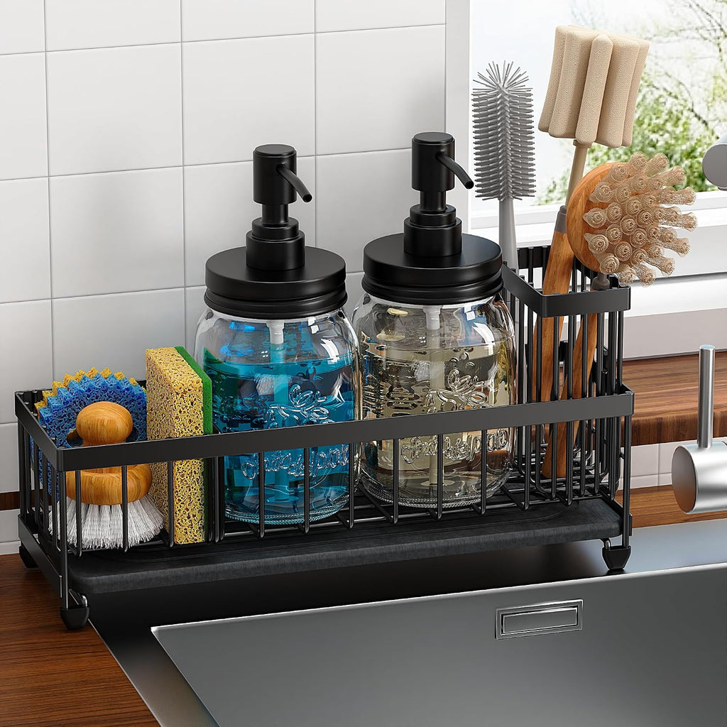 Galasily Mason Jar 16 oz Liquid Soap Dispensers Set with Large Kitchen Sink Caddy, Black Rustproof Stainless Steel Pump, Refill Hand Soap, Dish Soap, Vintage Farmhouse Decor for Bathroom, Kitchen