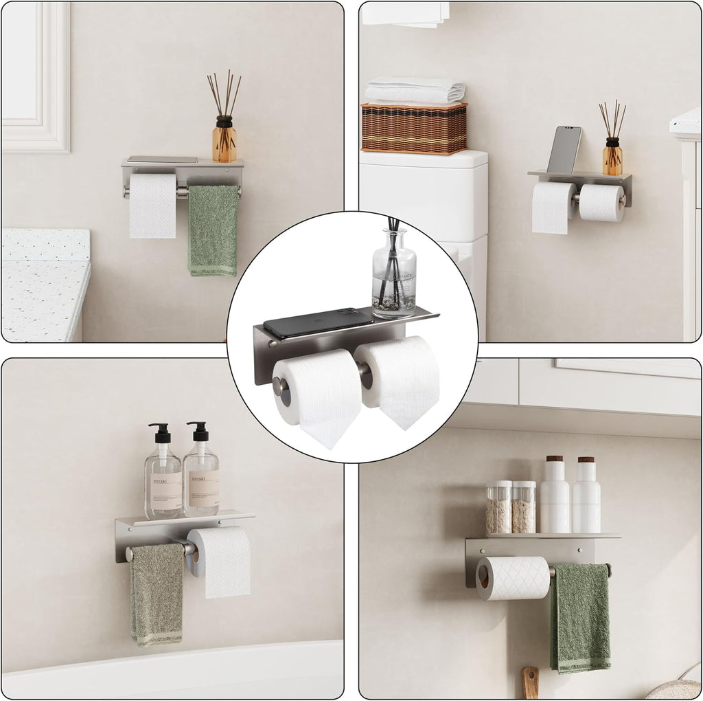 Self Adhesive Aluminum Waterproof Toilet Paper Holder with Shelf Brushed Nickel