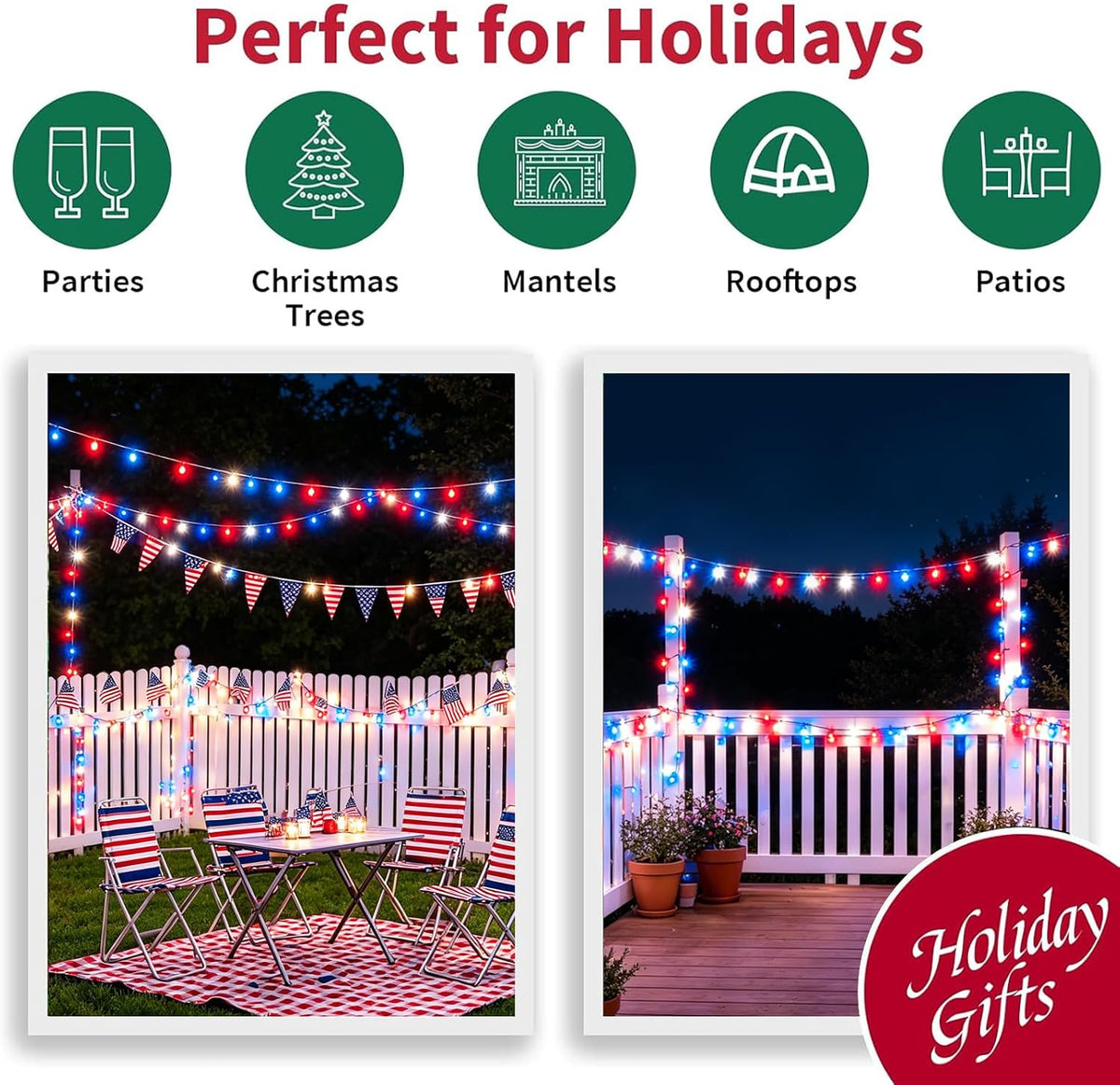 LAMPHOME Red White and Blue Patriotic Mini String Lights, 31.9FT 150 Incandescent Lights, Connectable 120V Waterproof Green Wire, 4th of July Independence Day Decor for Indoor Outdoor Christmas Party