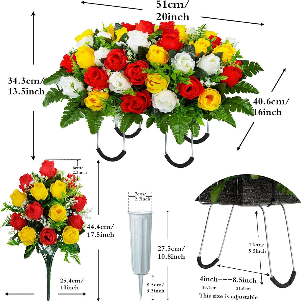XONOR Artificial Cemetery Flower Saddles, Cemetery Memorial Flowers with Vase for Grave Tombstone Decorations (Yellow Red White)
