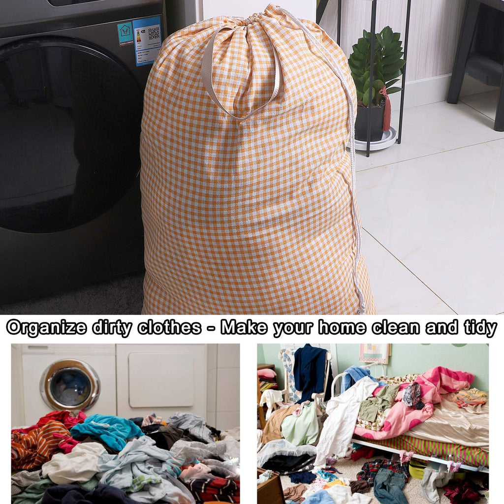Extra Large Laundry Bag with Drawstring and Handle, Heavy Duty Travel Dirty Clothes Bag for Laundromat and Household, Durable Rip-Stop Laundry Hamper Liner, 28 x 40 Inch, Check Orange