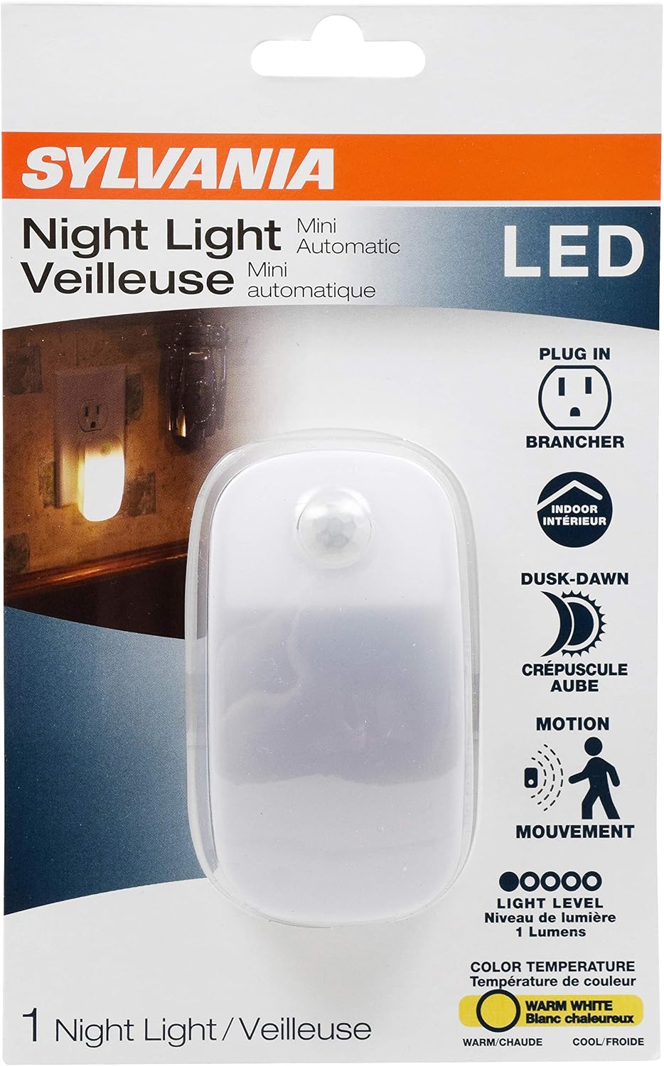 LEDVANCE Sylvania LED Mini Automatic Plug-in Night Light with Sensor, Motion Activated, Dusk to Dawn, Warm White, Plug-in Type - 4 Pack (64988)