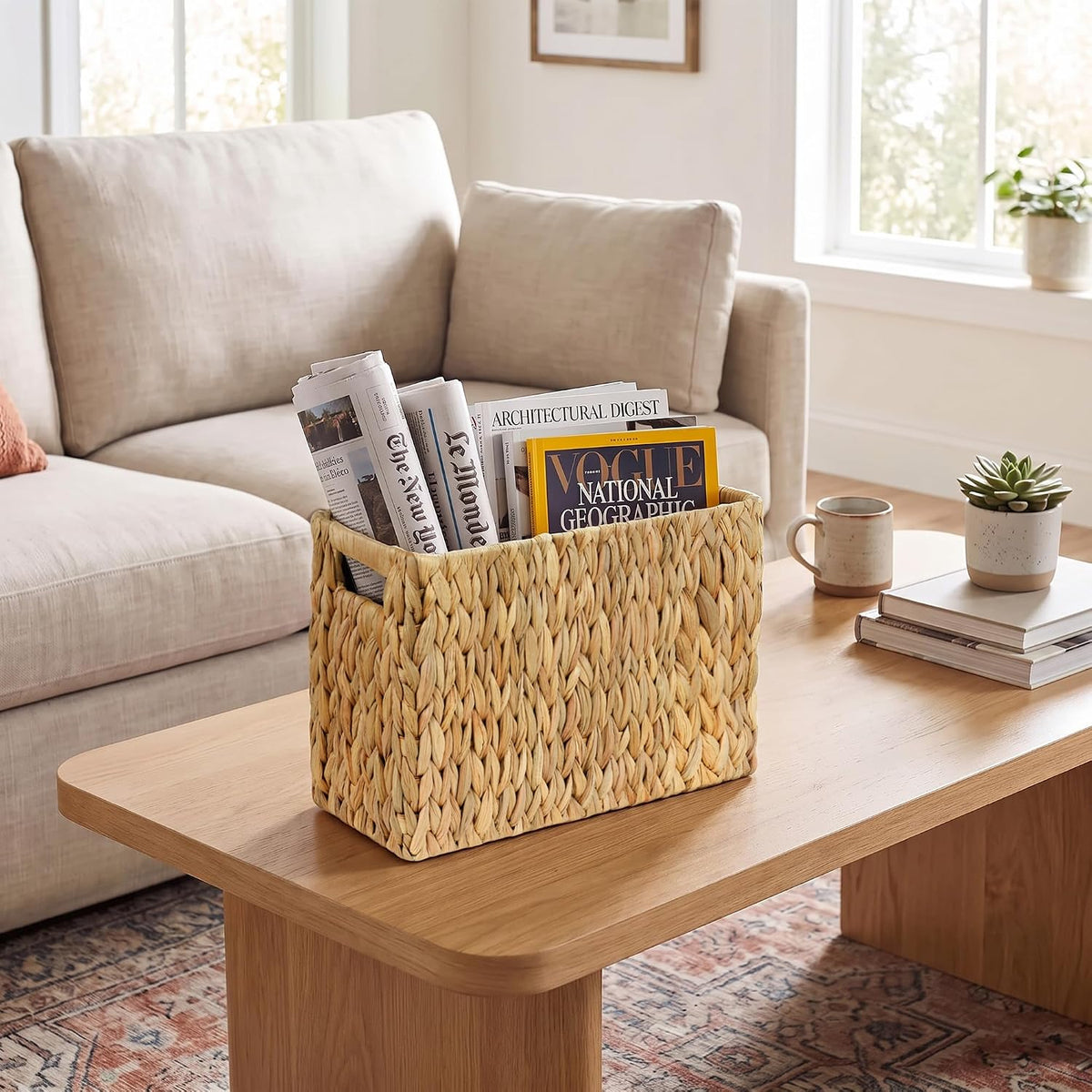 Magazine Holder with Handle, Handwoven Magazine Basket