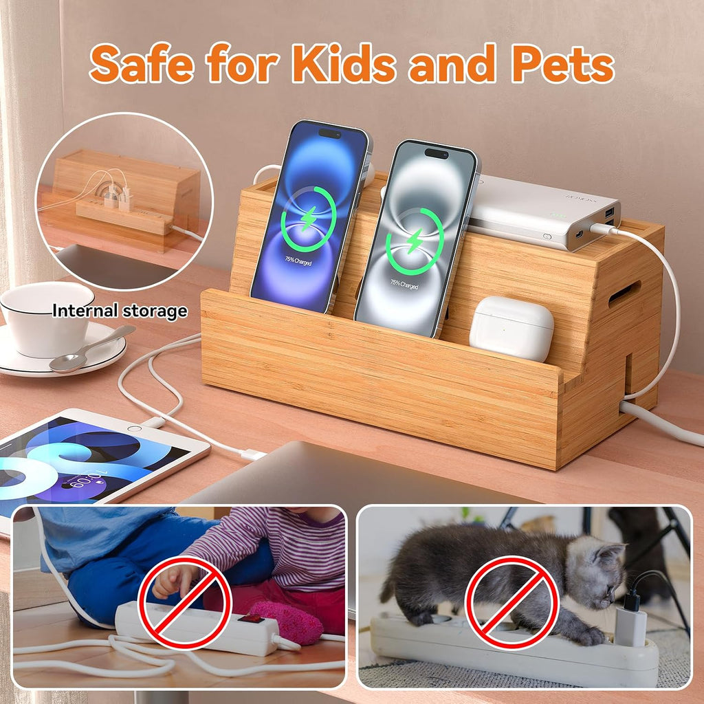 Bamboo Cable Management Box, Natural Color, 31X14X15.5CM