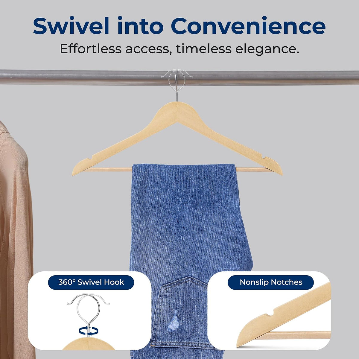 SereneLife 80 Pack Wooden Clothes Hangers | Keep Suits, Coats, Pants & Dresses Neatly Organized | Solid Wood, Pants Bar, Notches, 360° Swivel Hook, 0.47-Inch Profile, Natural Wood Grain | Natural